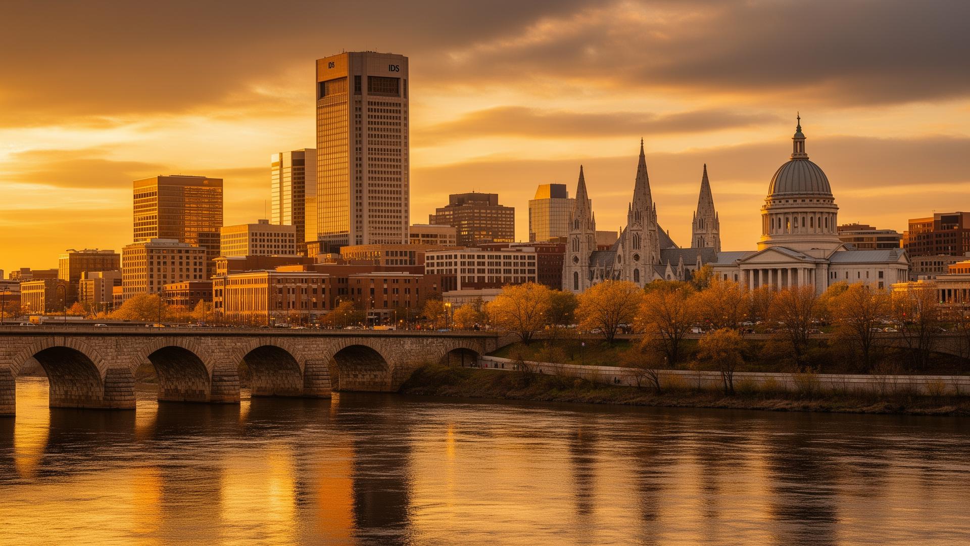 Minneapolis and St. Paul skyline at sunset